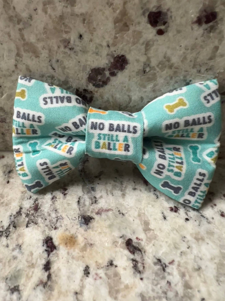 A pet bow tie with a pattern that includes text and a bone design, predominantly blue with a velcro attachment.